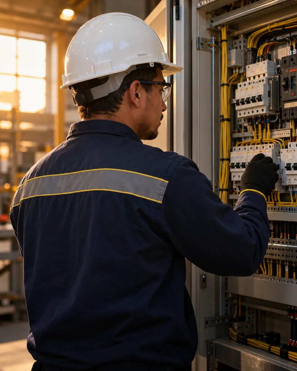 Imagen ilustrativa de un técnico con casco y guantes inspeccionando un tablero eléctrico