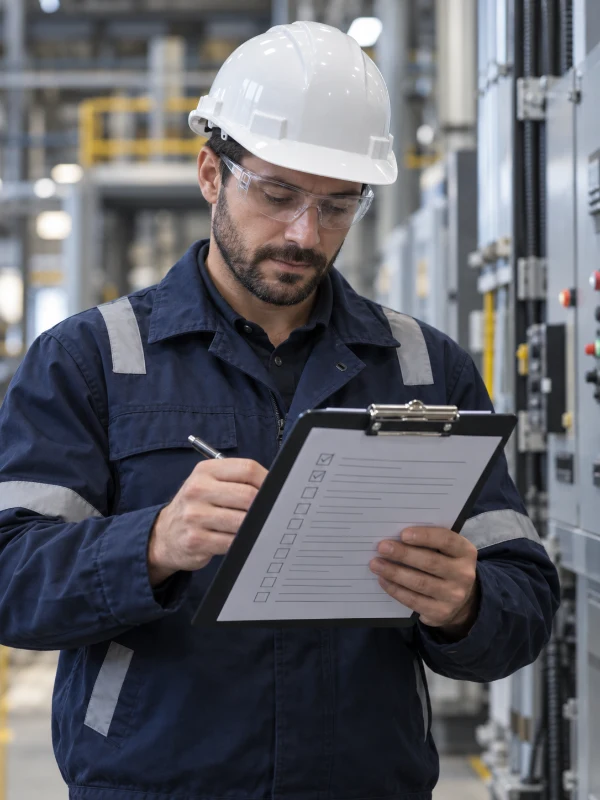Inspector con lista de revisión de seguridad en una planta industrial