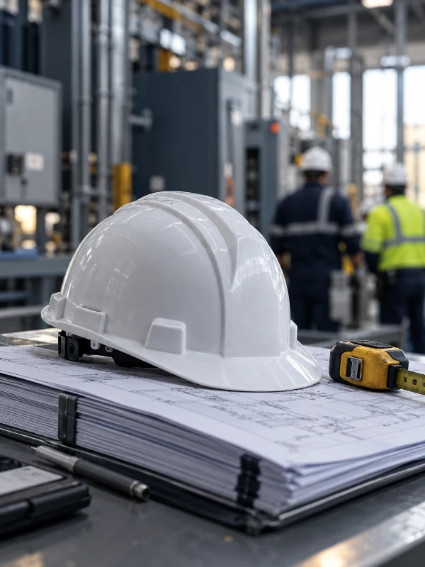 Casco de seguridad sobre documentos de ingeniería